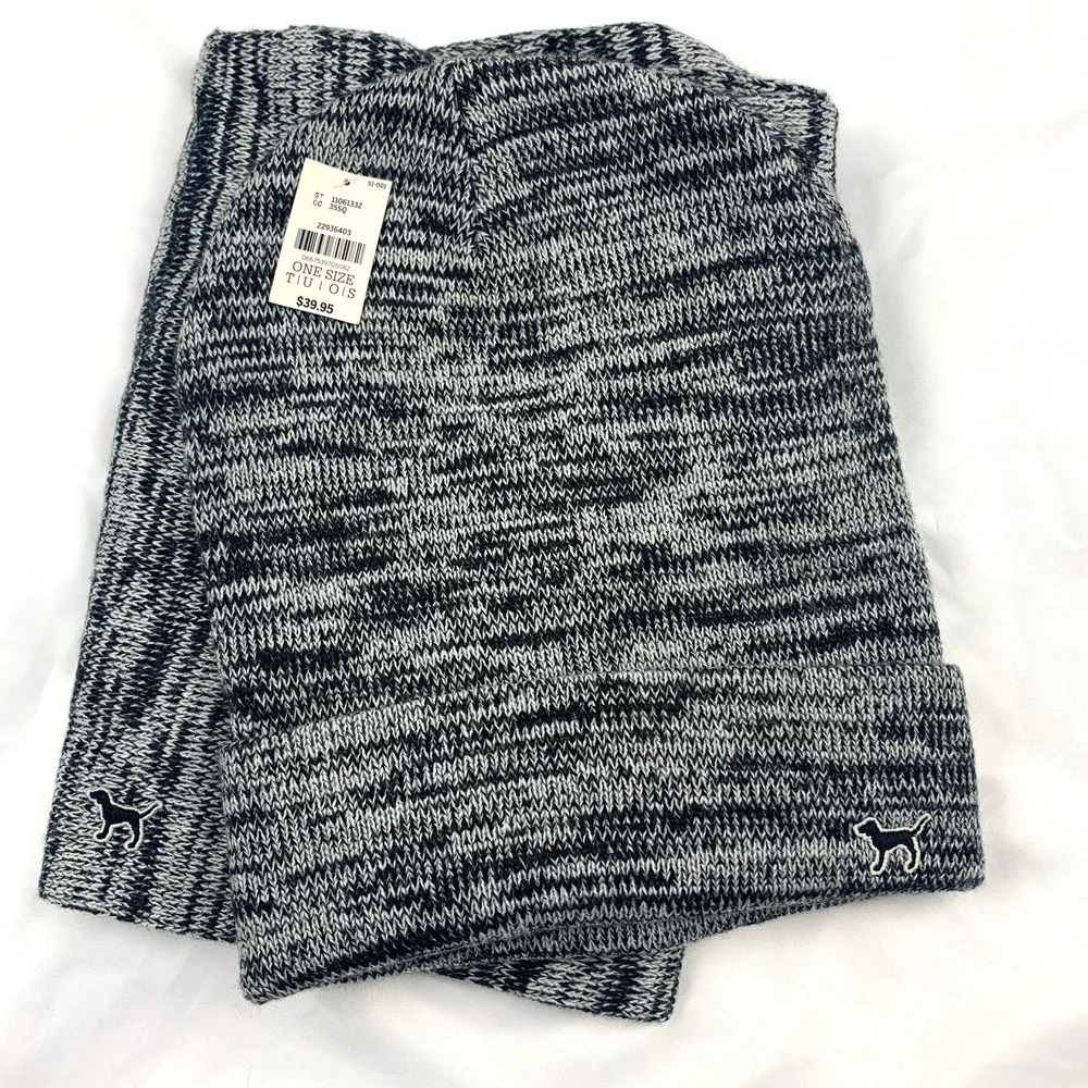 Victoria's Secret PINK Beanie & Scarf Set Gray Black Marled OS NWT